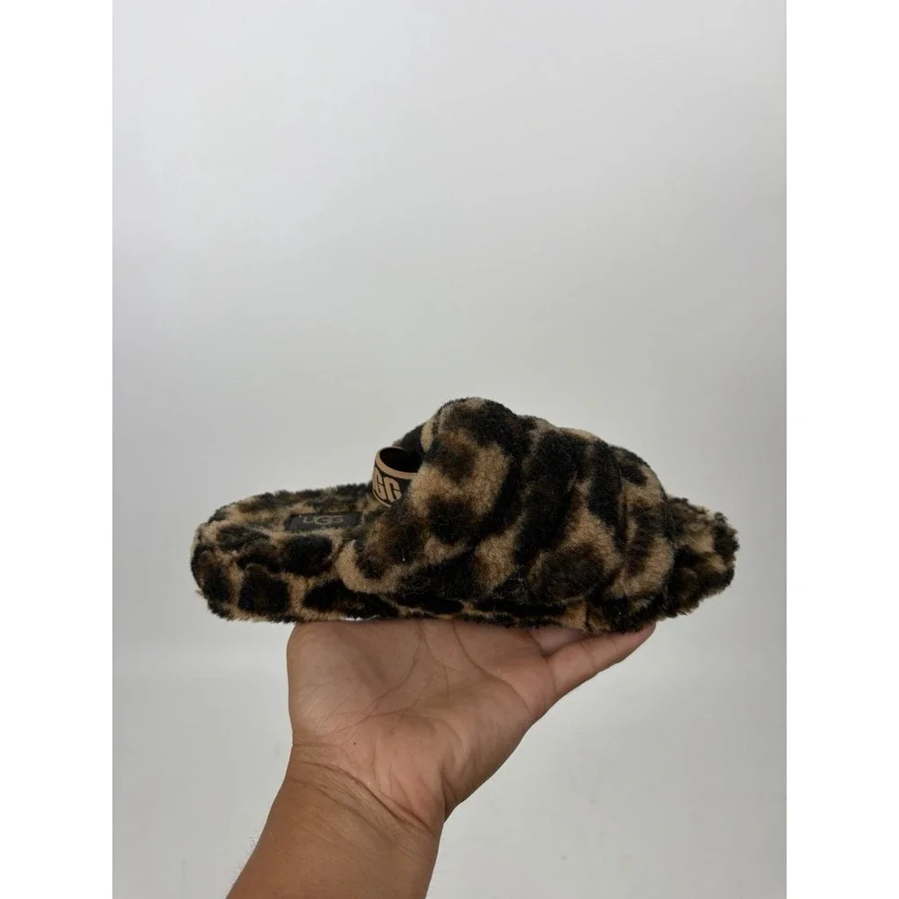 UGG Fluff Yeah Slides Girls Panther Print Slipper Slip On Brown Size 2 Fuzzy